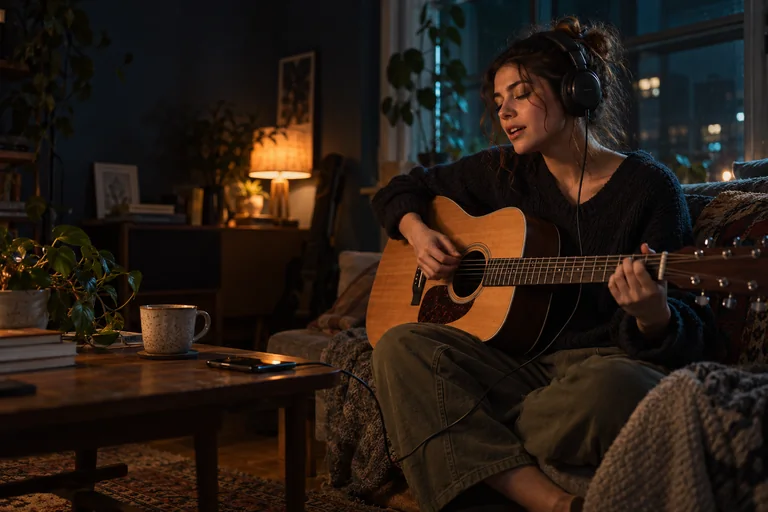 A singer playing acoustic guitar at home with headphones on.