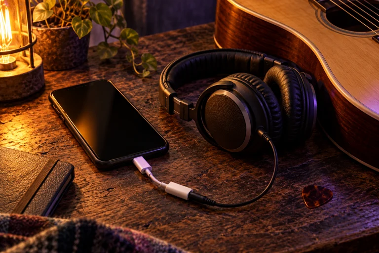 Wired headphones plugged into a phone beside an acoustic guitar in warm lamplight.